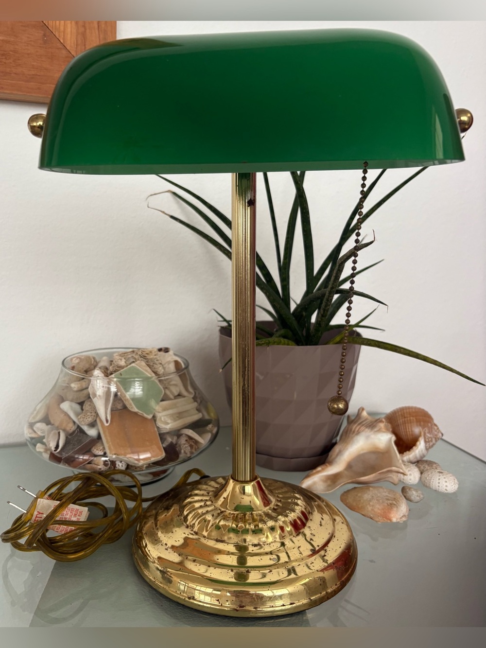 Working Vintage Brass Banker Desk Lamp with Glass Green Shade